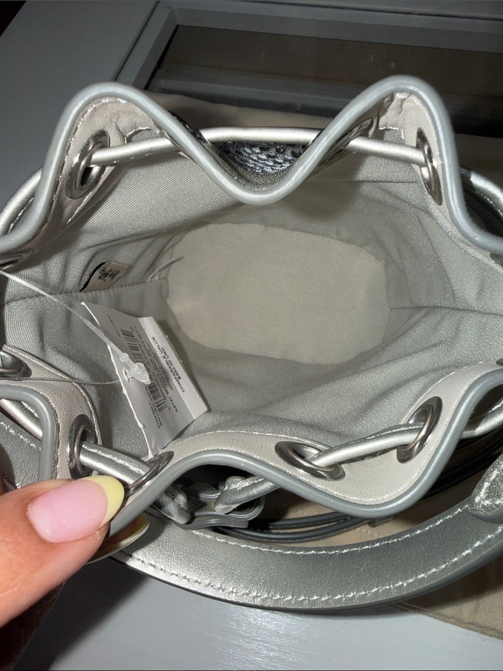 New Coach Metallic Silver Crystal-Embellished Bucket mini Bag - Picture 3 of 10